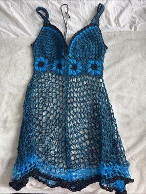 Handmade Blue Crochet Sun Dress with Floral Detail